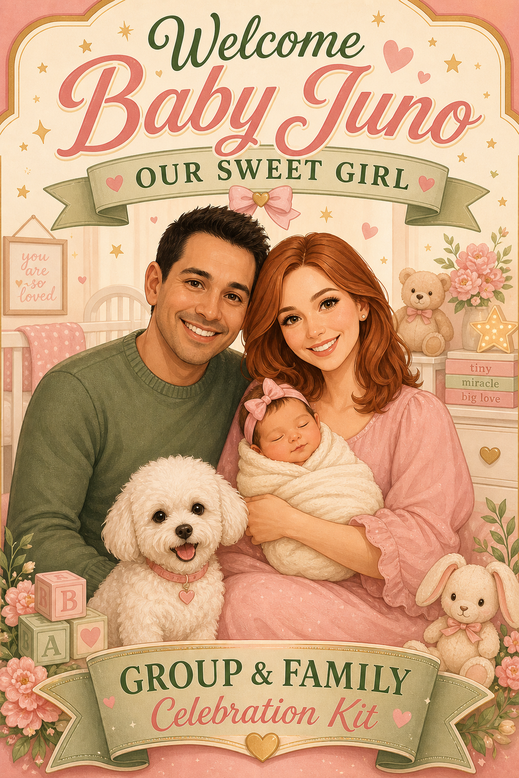 Group and Family Celebration Kit cartoon baby announcement poster sample for baby Juno