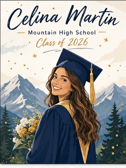 Modern illustration style graduation poster featuring portrait artwork with soft gradients