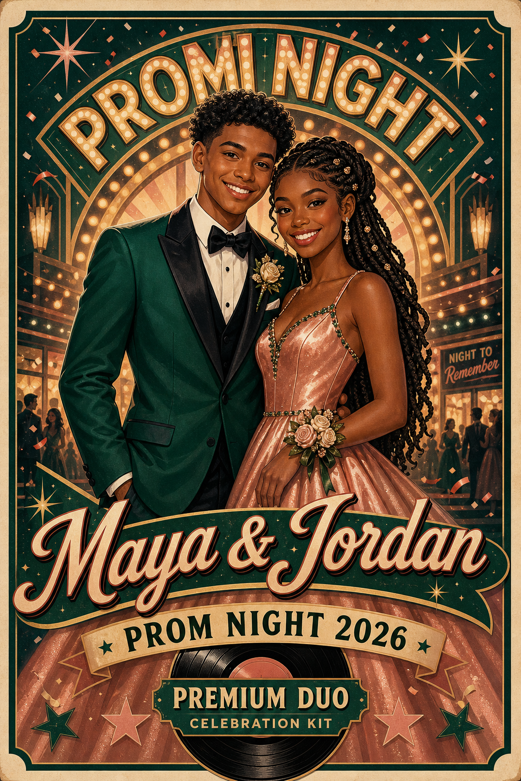 Premium Duo Celebration Kit retro prom poster sample for Maya and Jordan